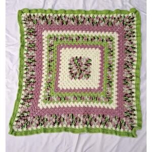 Handmade Crochet Afghan/Baby Blanket 34" x 34" Lap/Throw Green Mauve Pastel Grn
